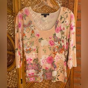 Boston Proper Beautiful Floral Long Sleeve Top Pink and Cream Size Medium